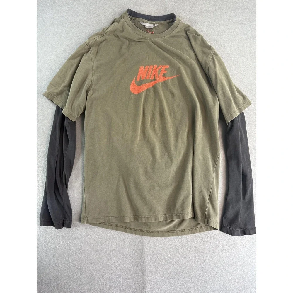 Y2k Nike Shirt Mens‎ Large Green Long Sleeve Layered Swoosh Logo Graphic Tee